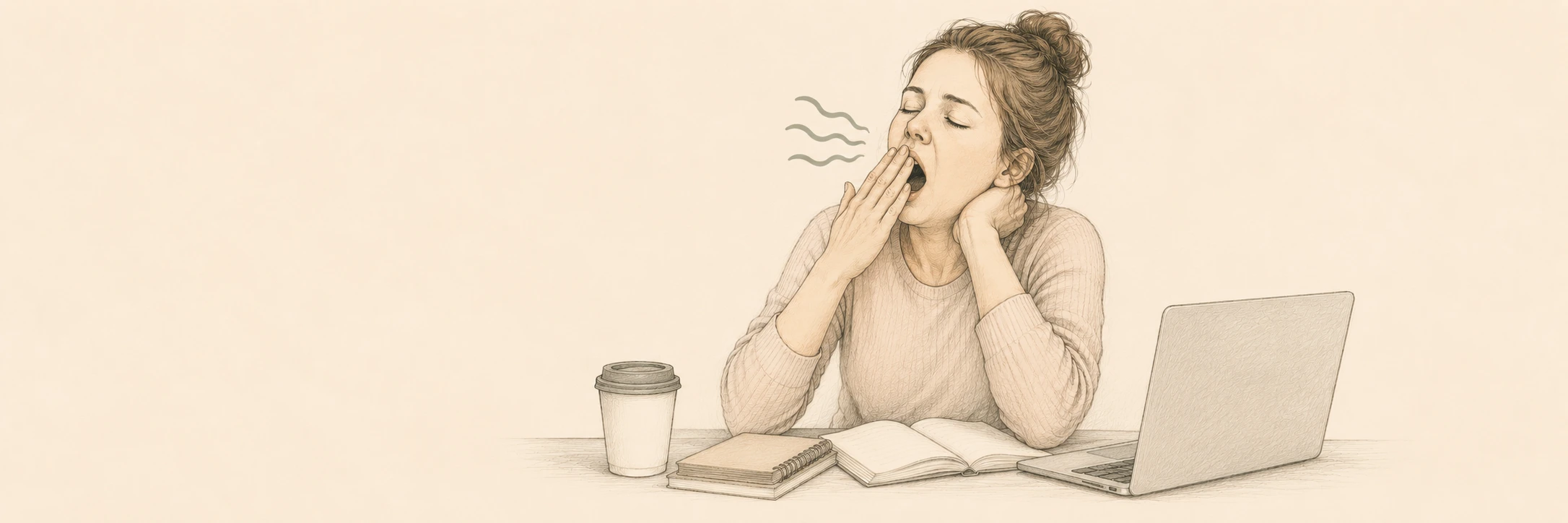 Illustration einer gähnenden Frau am Schreibtisch zum Thema Müdigkeit