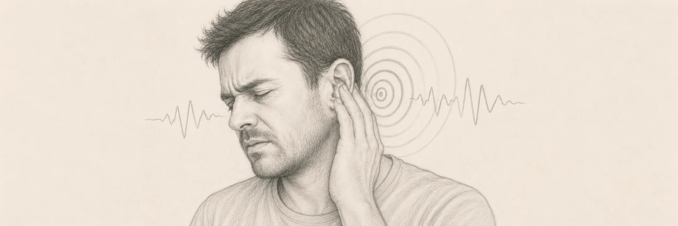 Mann mit schmerzendem Ohr mit Schallwellen als Illustration zum Thema Tinnitus